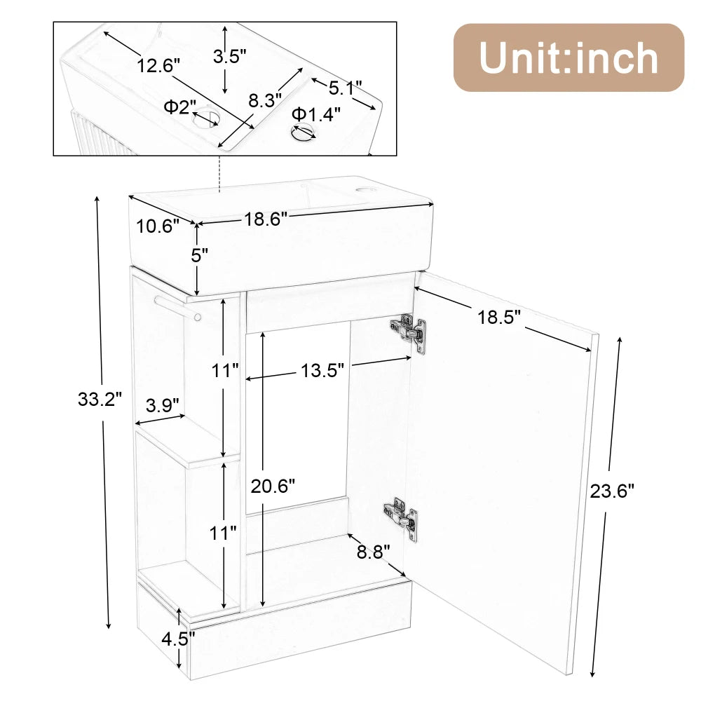 18.6 Inch Bathroom Vanity with Sink and Two-Tier Shelf Left Right Orientation