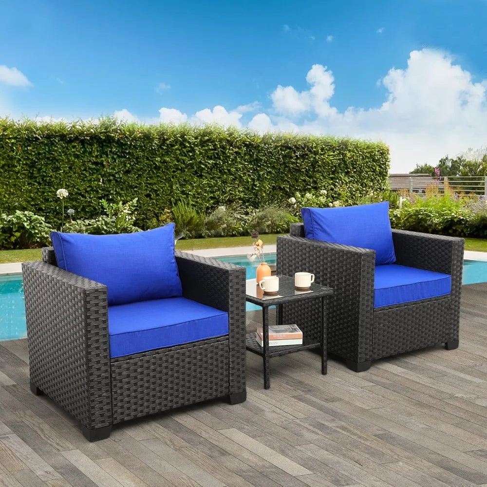 3 Piece Wicker Patio Set Outdoor Chairs Glass Table Garden Furniture