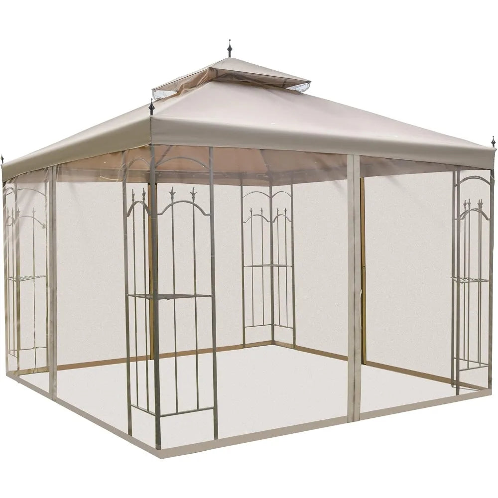 10x10 Patio Gazebo Double Roof Outdoor Shelter with Netting and Shelves