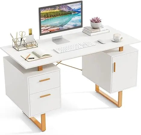Modern Home Office Desk with Storage Drawers Floating Top Golden Frame