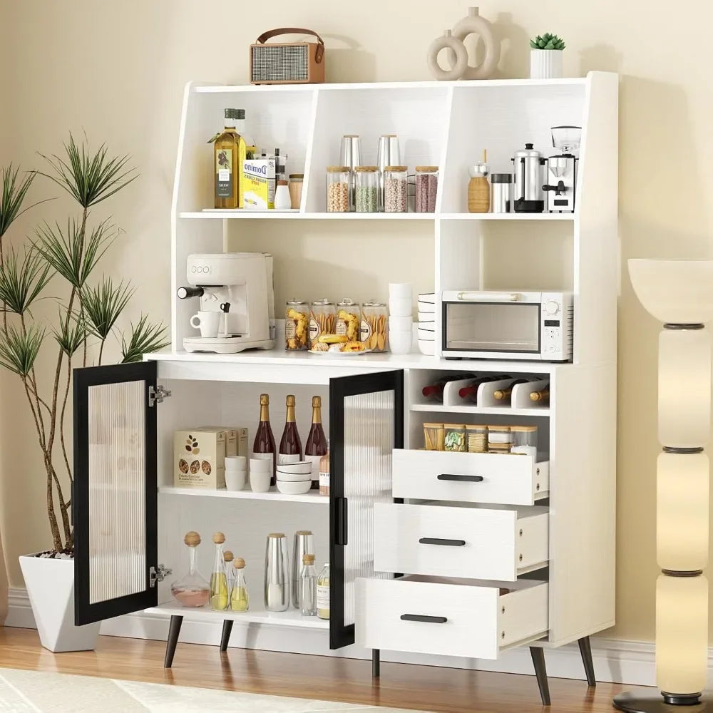 Freestanding Hutch Pantry Cabinet with Drawers Glass Doors Wine Storage