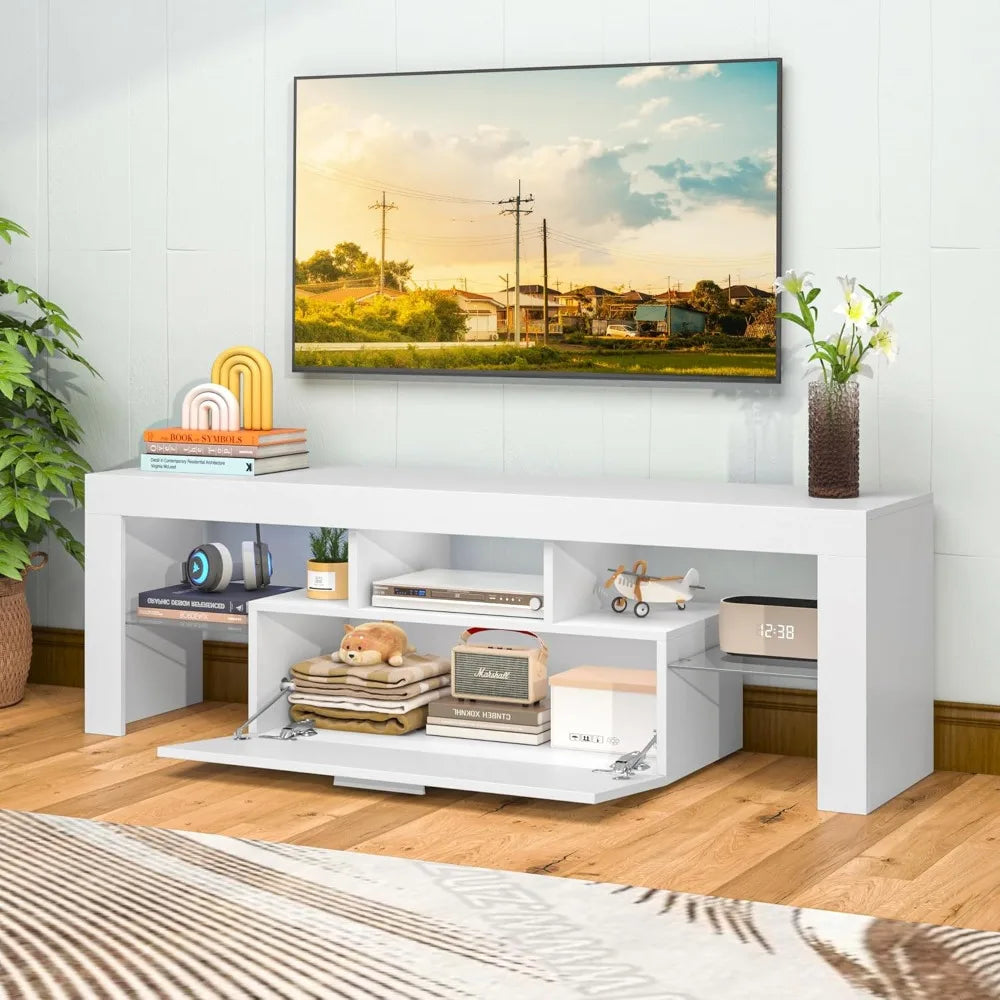 Modern White LED TV Stand with Large Storage Drawer for Living Room