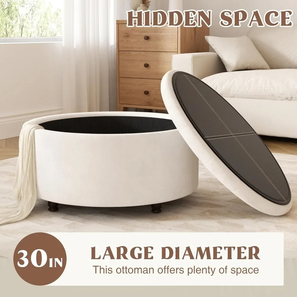 30 Inch Round Storage Ottoman Modern Tufted Coffee Table Upholstered