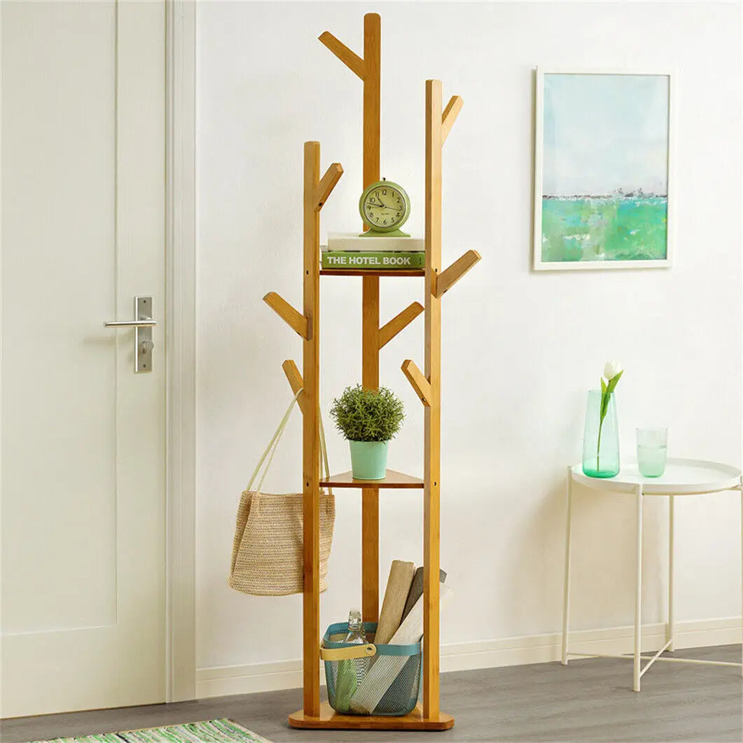 Bamboo Corner Tree Coat Rack Stand Clothes Hanger with 9 Hooks