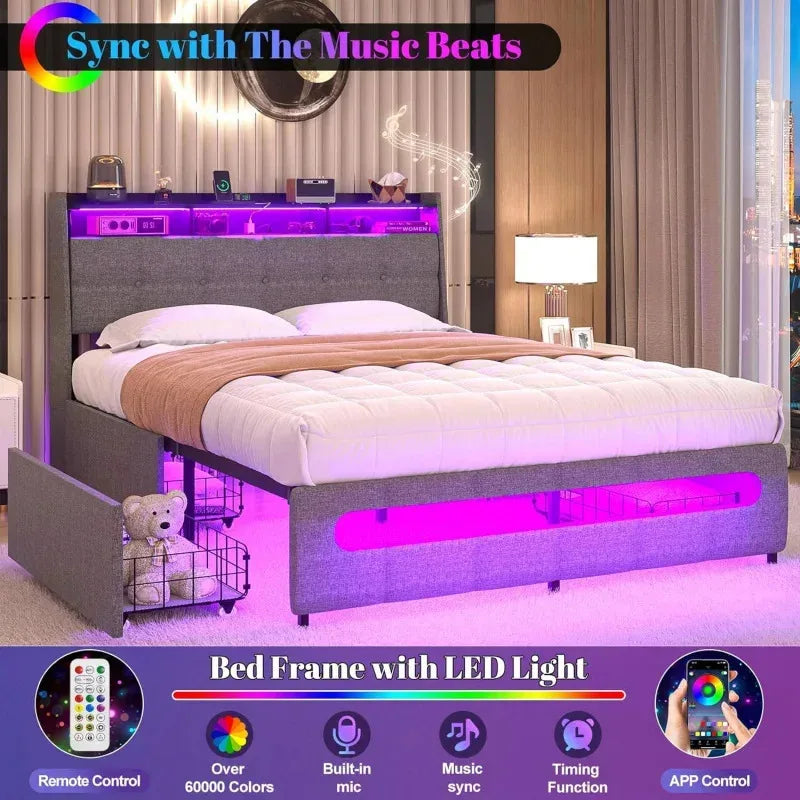 Ljustra Upholstered Full Bed Frame with Storage Headboard and LED Light