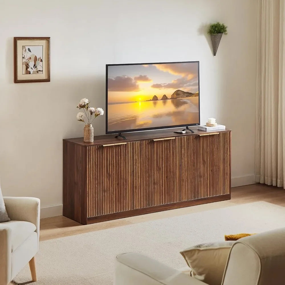 67 Inch Walnut Fluted Sideboard Buffet Cabinet with 6 Doors Storage