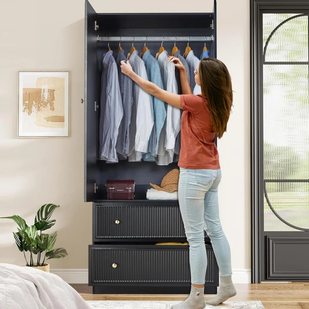 Large Wooden Freestanding Armoire Double Doors Storage Drawers Wardrobe