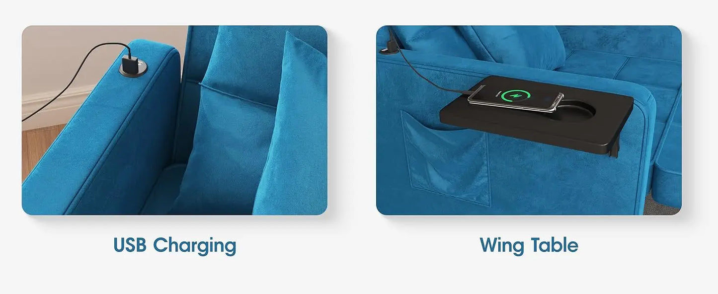 Ljustra Velvet Chaise Lounge Chair with USB Ports 3-in-1 Sofa Bed