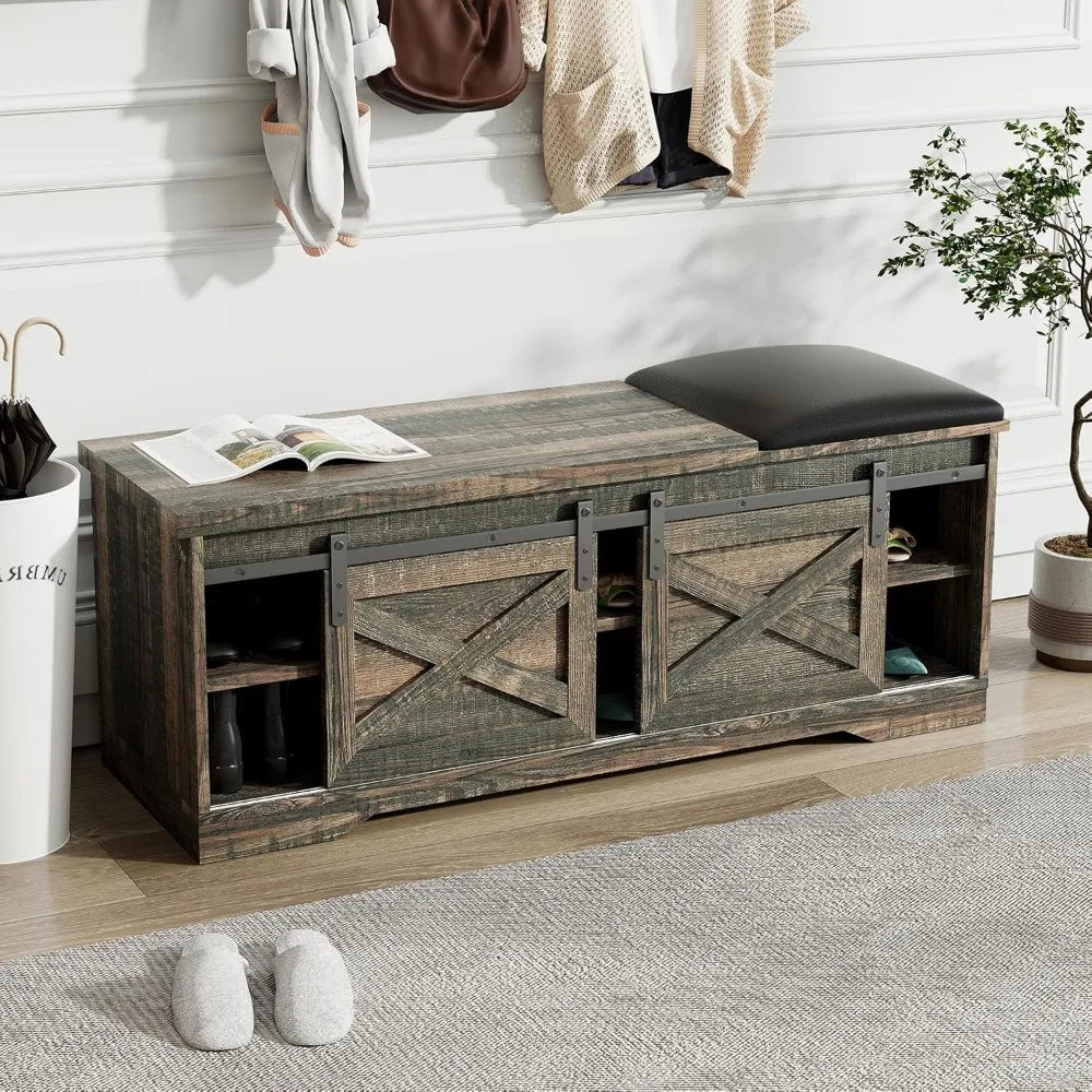 Modern Shoe Bench Storage Cabinet with Sliding Barn Door for Entryway