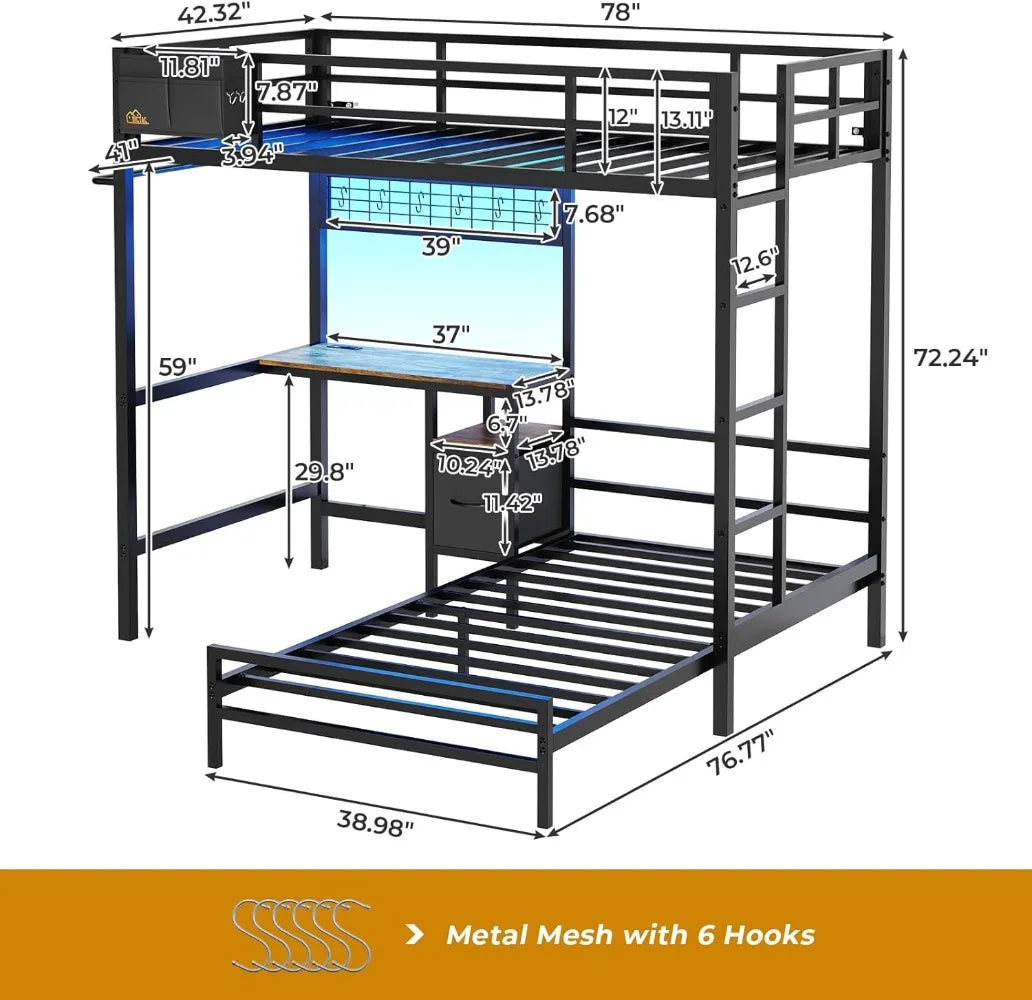 Ljustra Twin Over Twin Metal Bunk Bed with Desk LED Lights and Storage