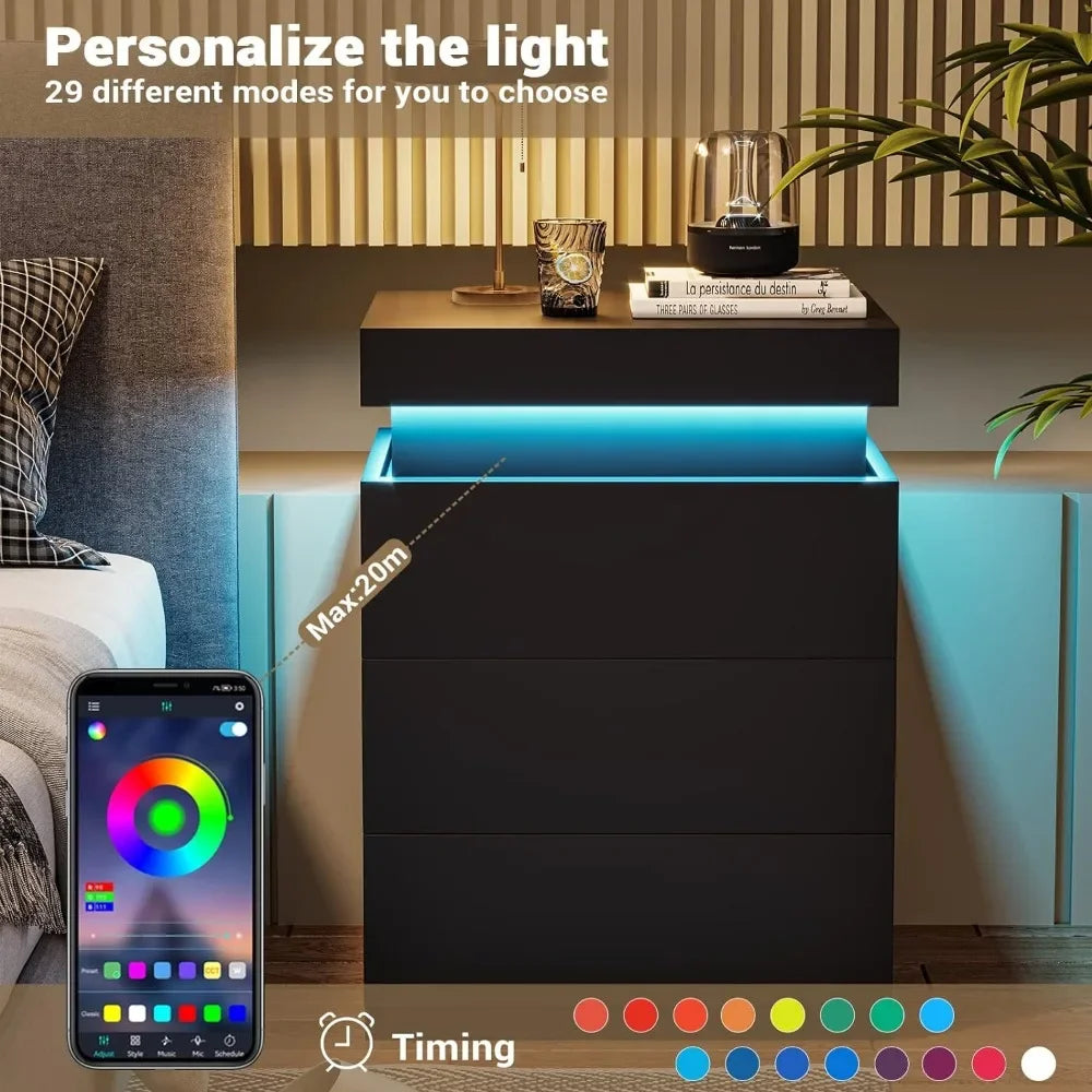 Nightstand with Charging Station LED Lights Modern Bedside Table Storage
