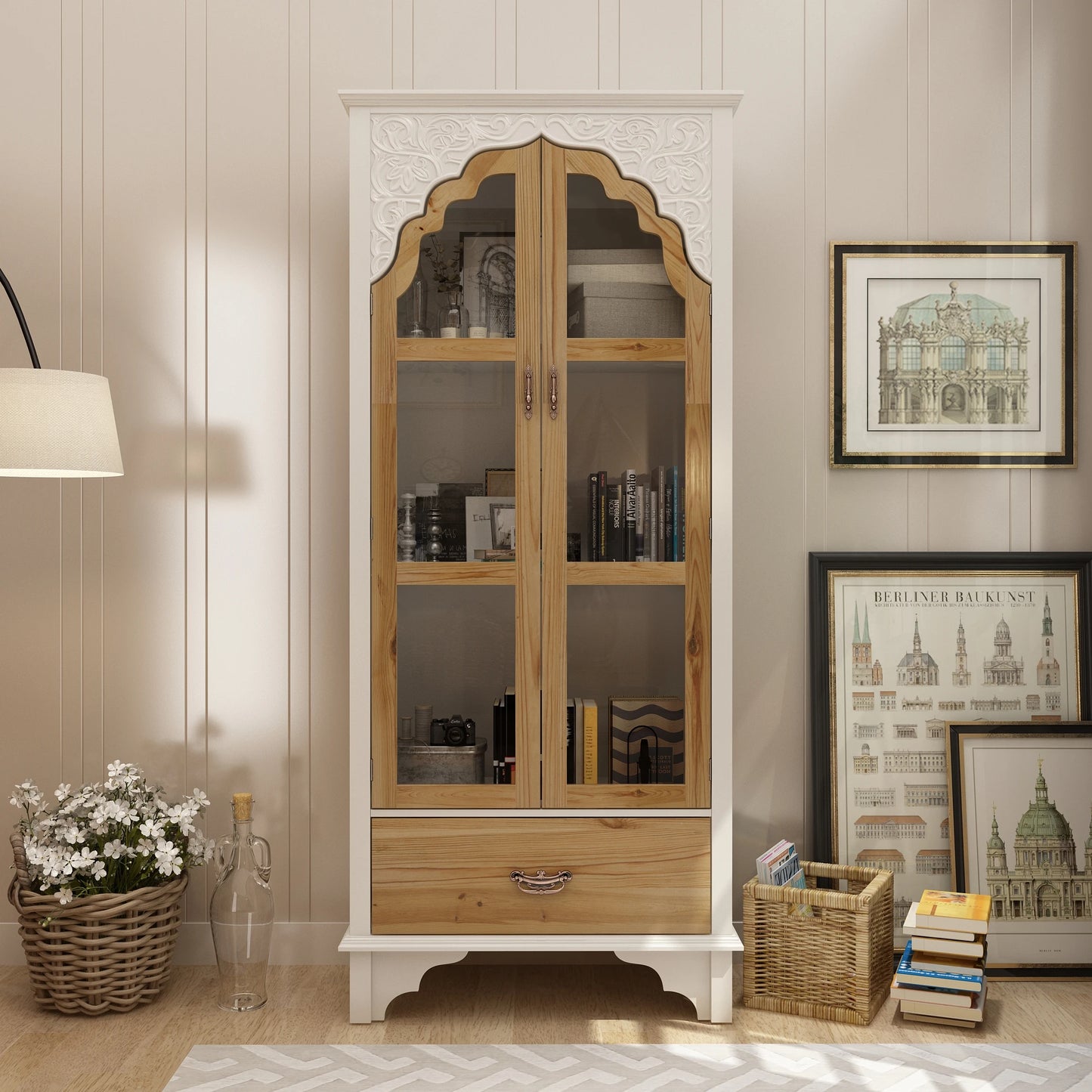 Ljustra Glass Display Cabinet 3 Shelves Drawer Modern Bookcase Storage