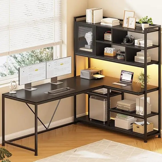 L Shaped Computer Desk with LED Light and Bookshelf for Home Office