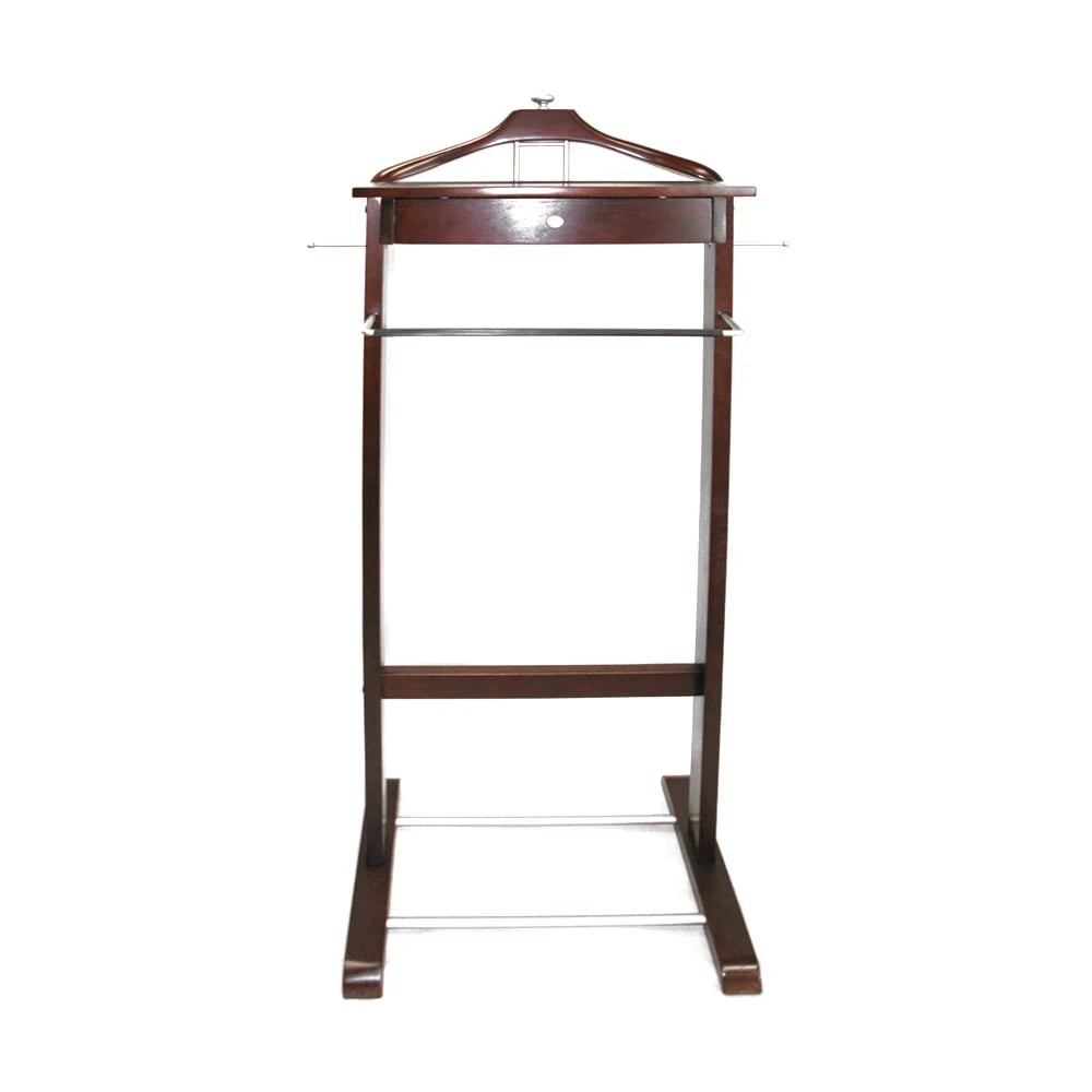 Elegant Dark Walnut Dresser Valet Stand with Drawer Satin Nickel Hardware