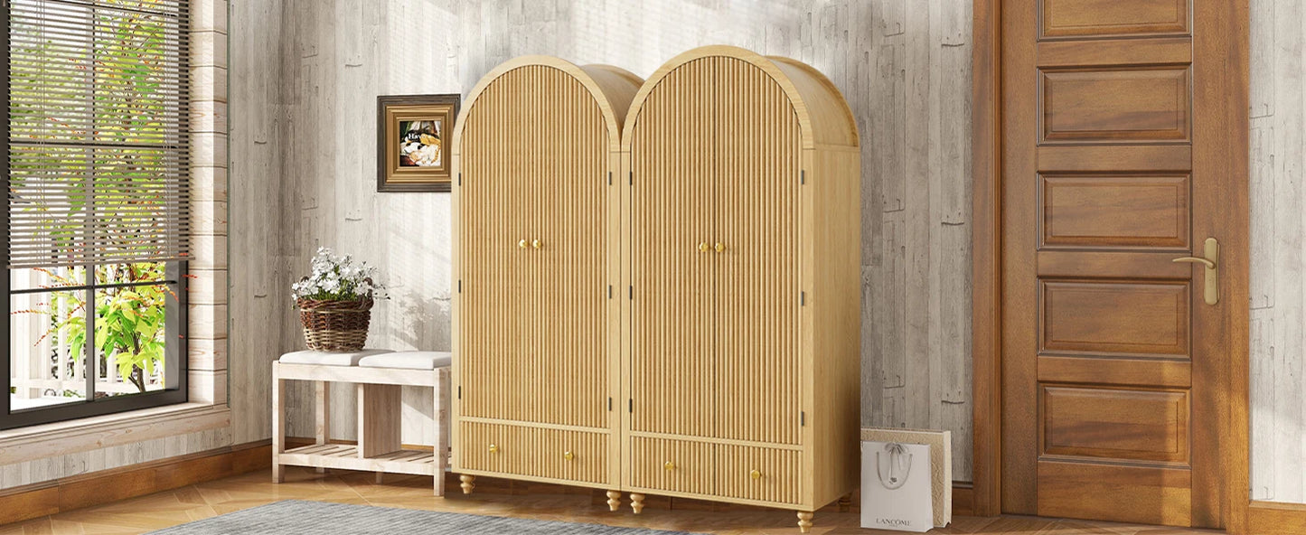 Modern Arched Wooden Storage Cabinet with Fluted Doors and Gold Knobs