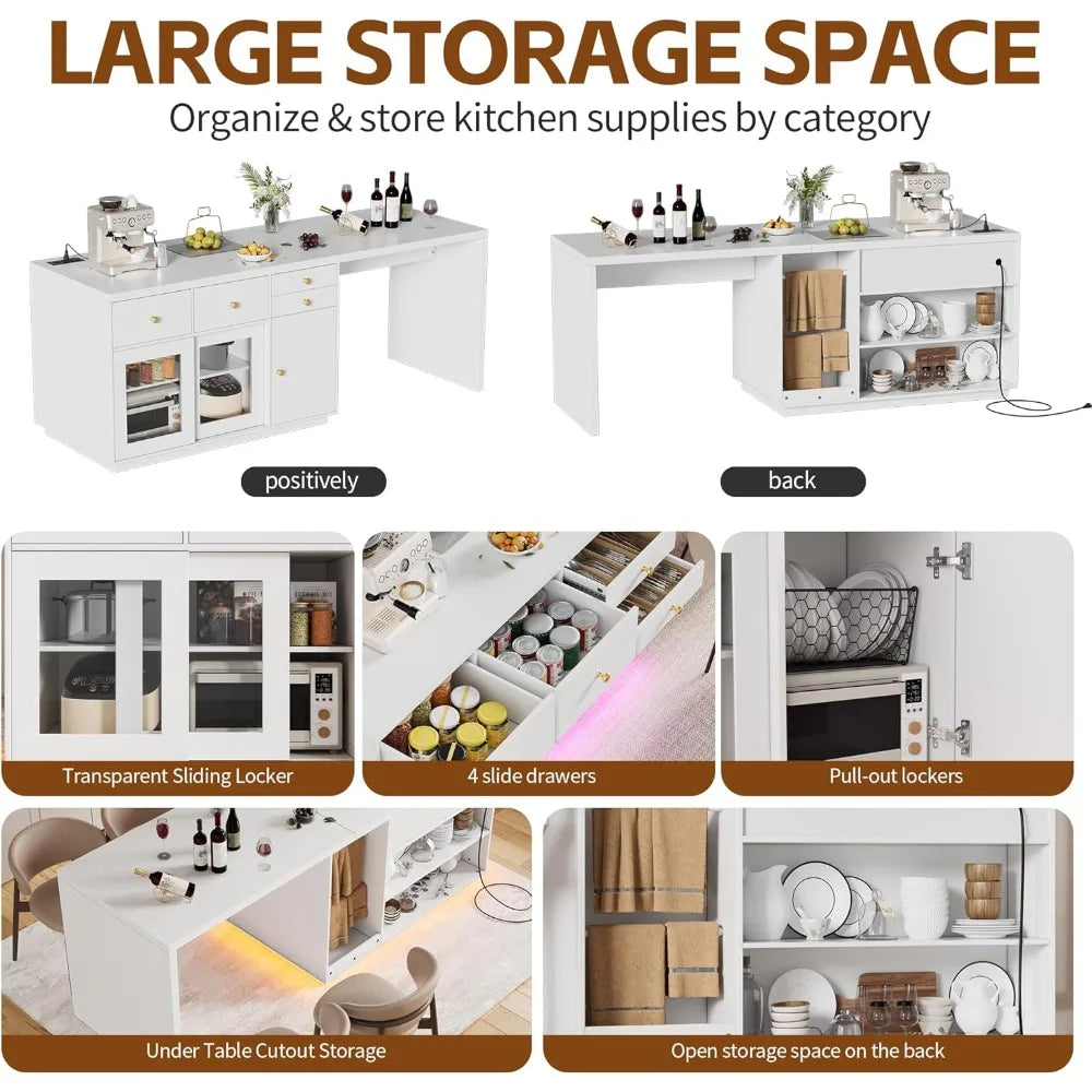 Kitchen Island with LED Light and Storage Drawers Breakfast Bar