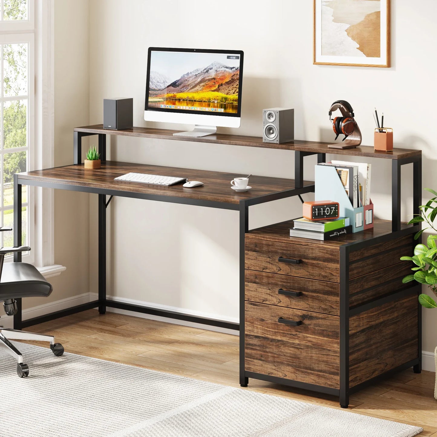 Ljustra 63 Inch Ergonomic Computer Desk with File Drawer Cabinet