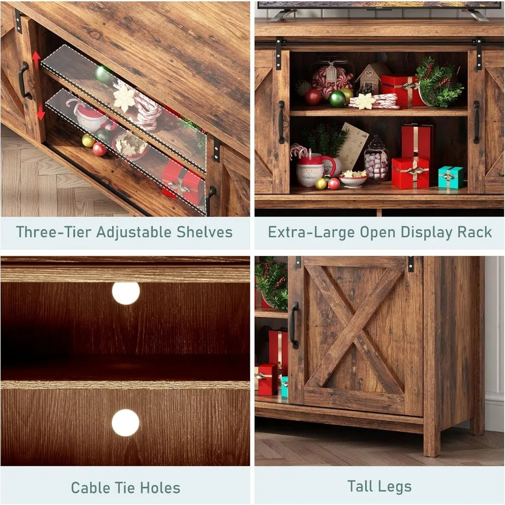 Farmhouse TV Stand for 50-65 Inch TV with Adjustable Shelves and Barn Doors
