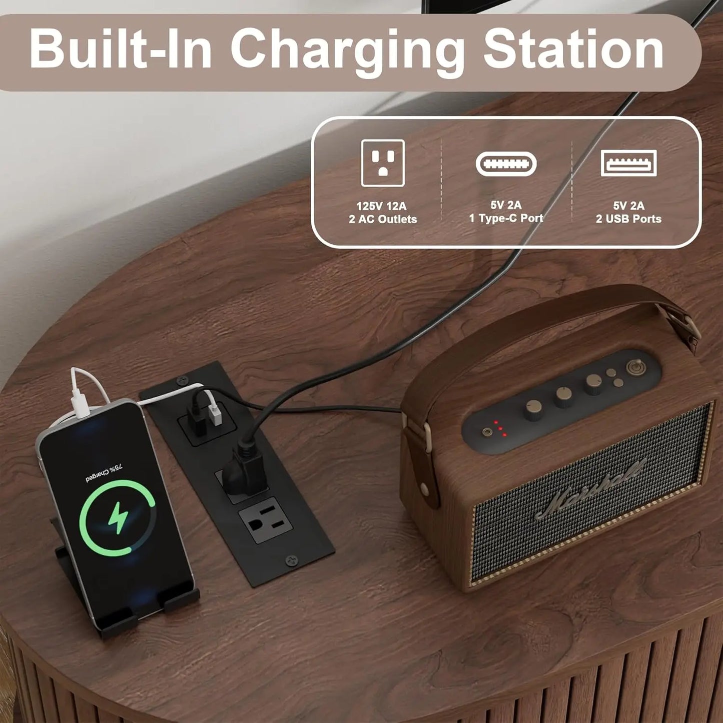 69 Inch Mid Century Modern TV Stand with Charging Station and Drawer