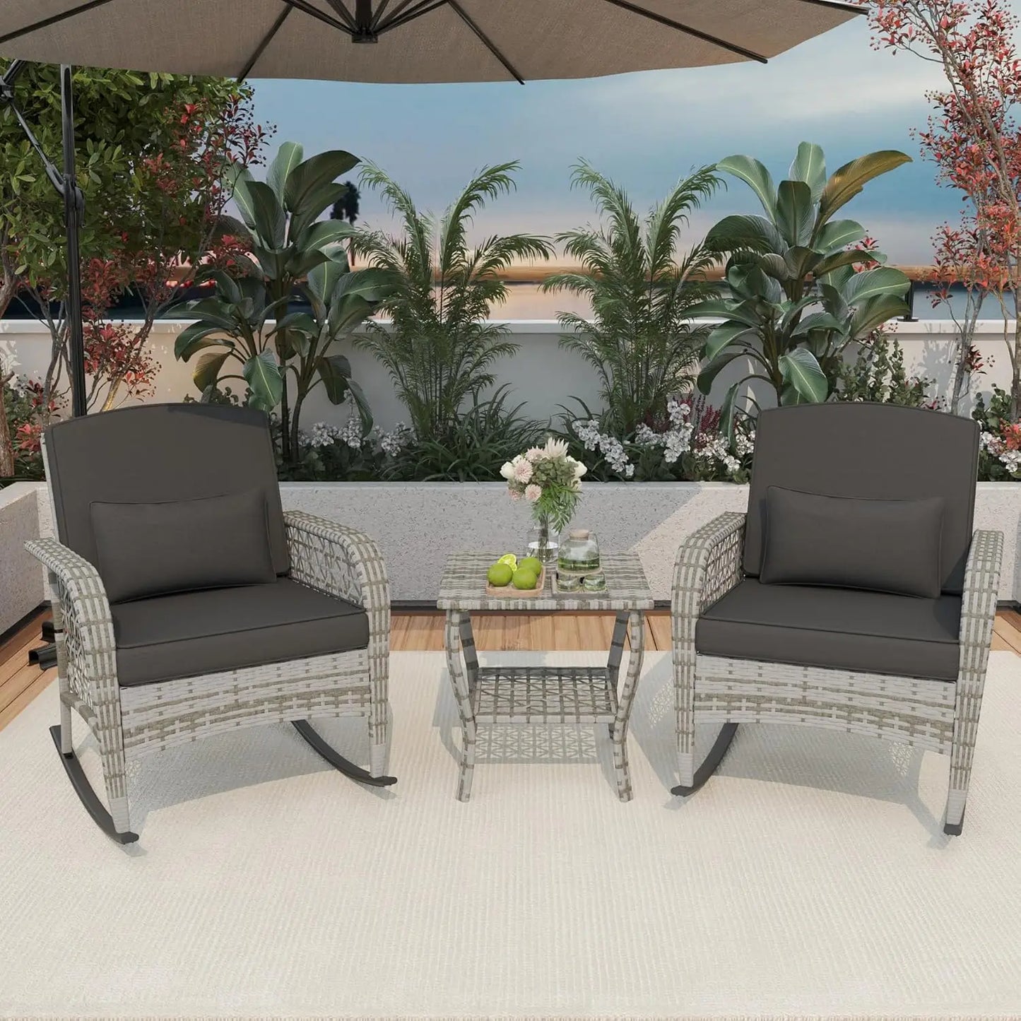 3-Piece Patio Furniture Set Wicker Rocking Chairs Coffee Table