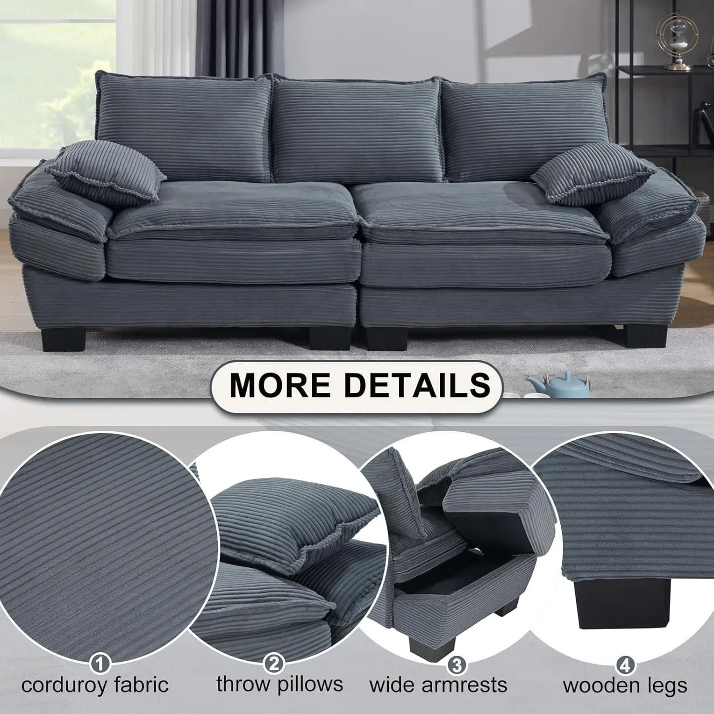 90" Oversized Corduroy Loveseat Sofa – Deep Seat Modern Couch with Pillows, Grey Upholstered Sofa