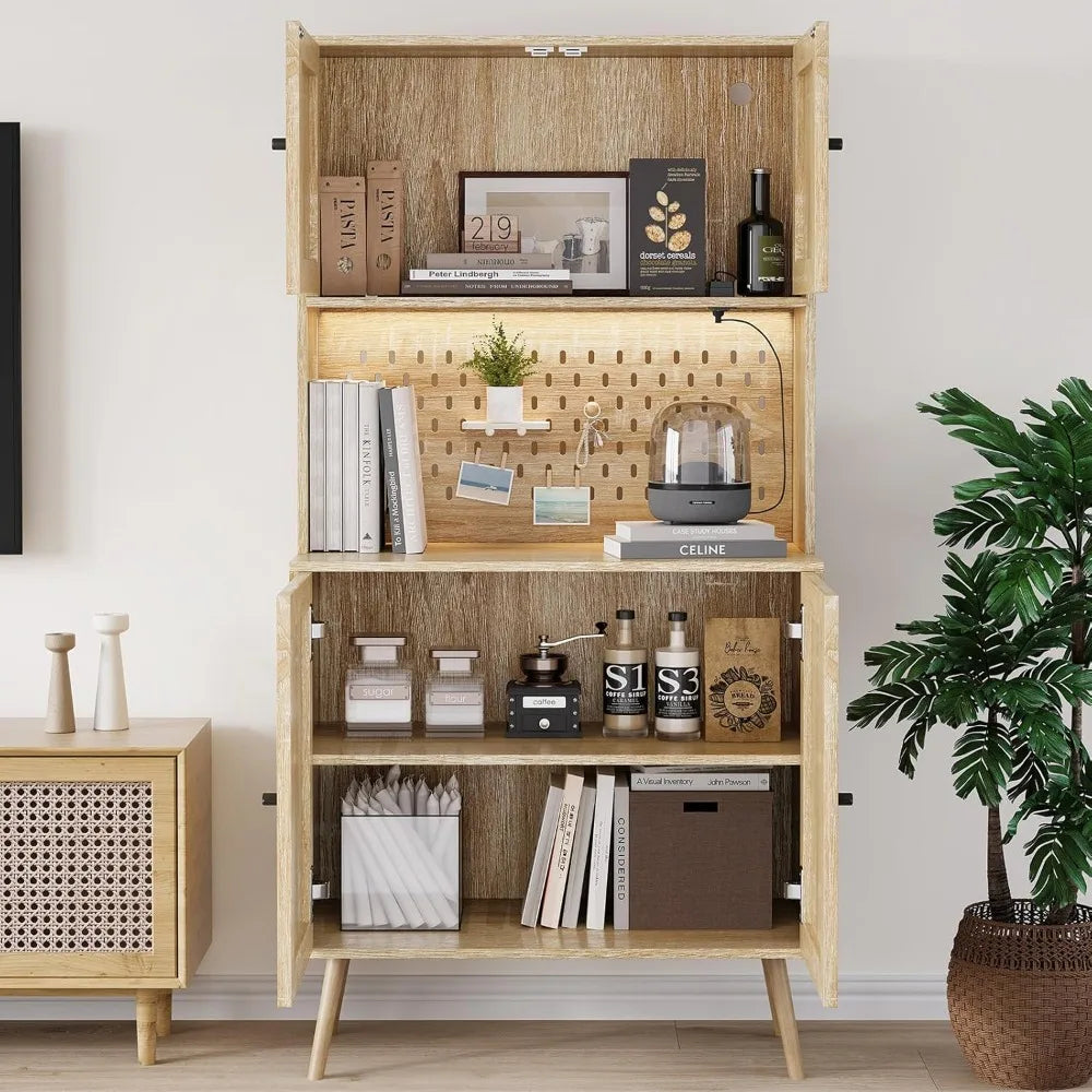 Rattan Kitchen Pantry Storage Cabinet with LED Lights and Power Outlets