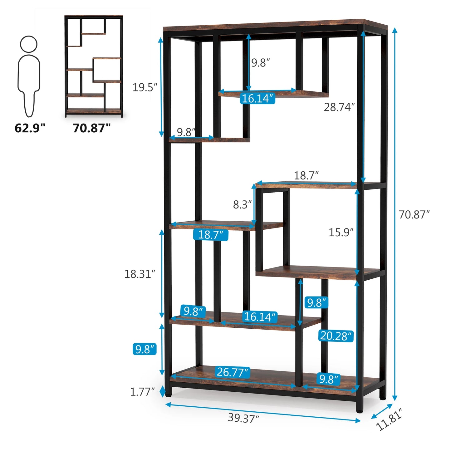Ljustra Modern 8-Tier Staggered Bookcase Wide Wood Etagere Shelving Unit