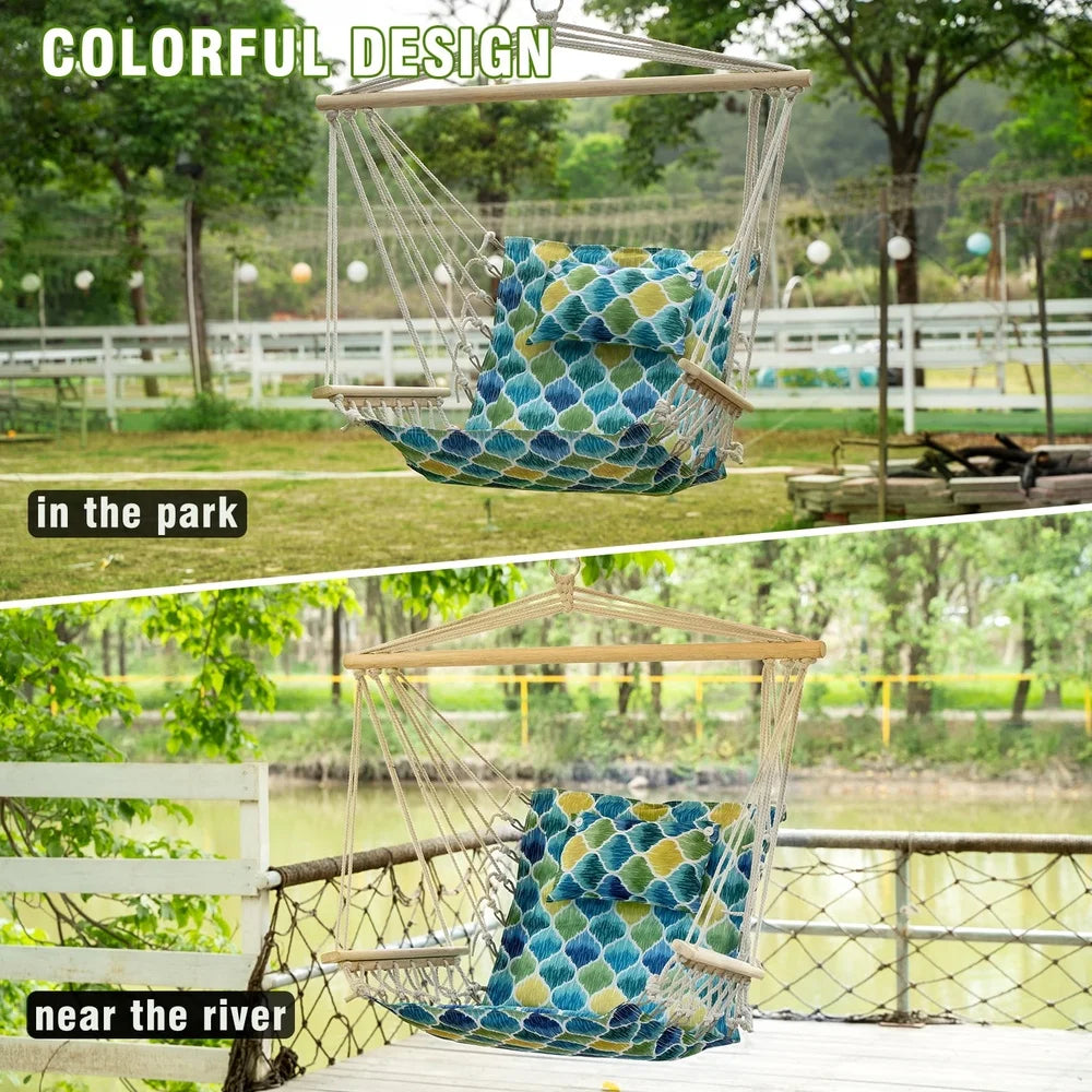 Hammock Chair with Pillow Wooden Arms Durable Poly-Cotton Indoor Outdoor