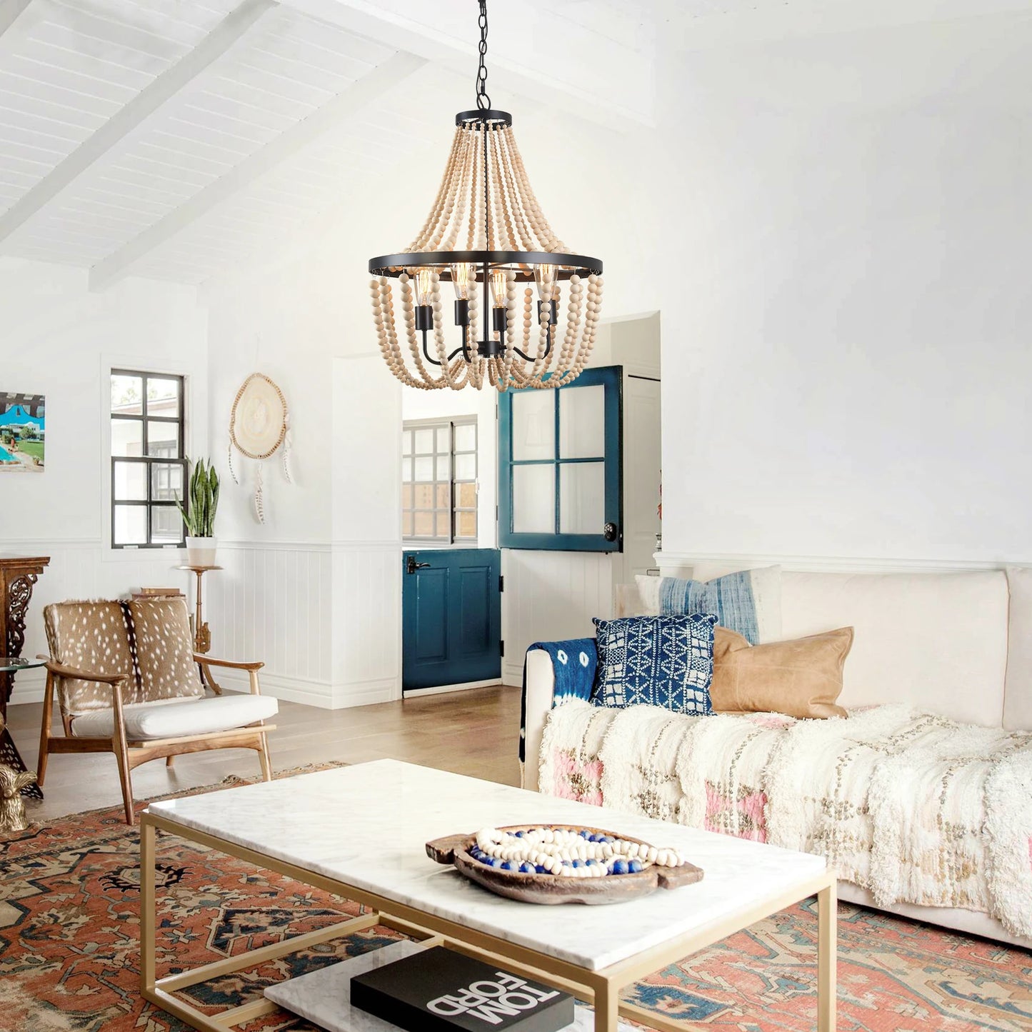 Modern Boho Wood Bead Chandelier Dimmable High Ceilings Bedroom Hall