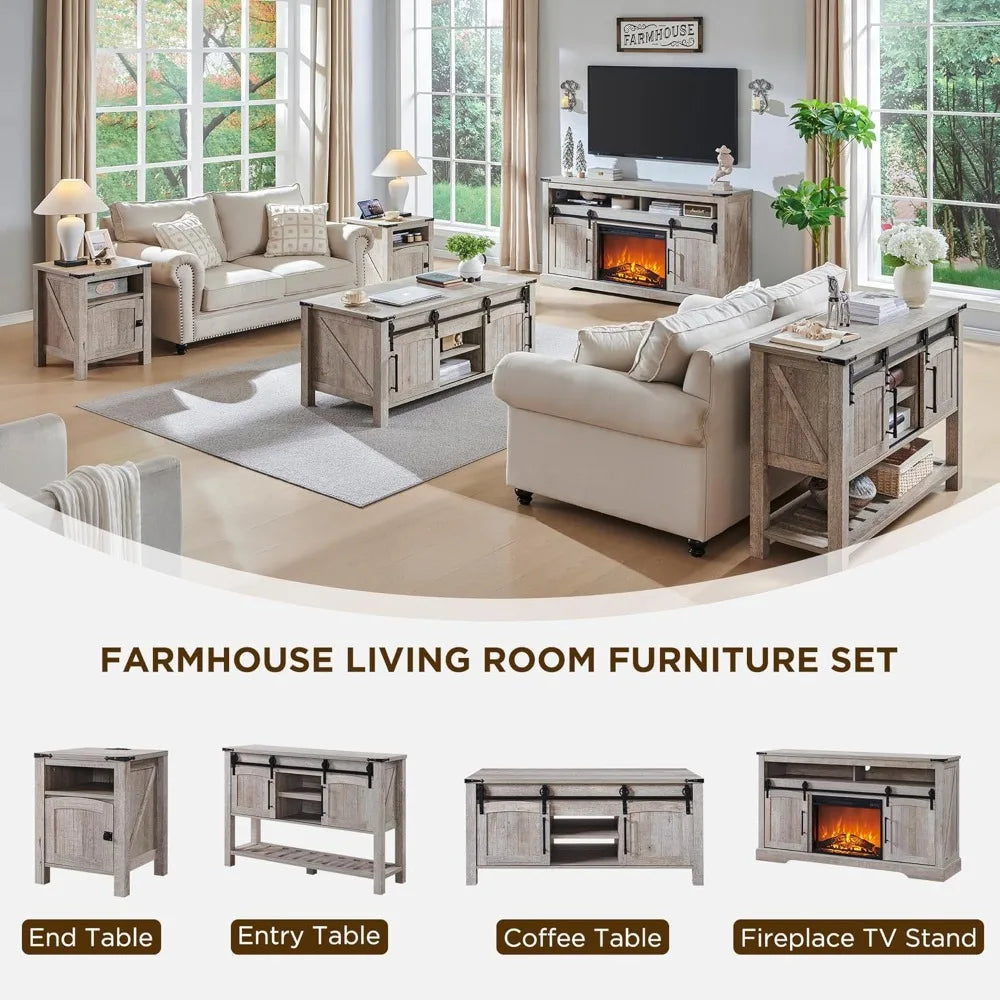 Farmhouse Fireplace TV Stand for 70 Inch TV Highboy Entertainment Center