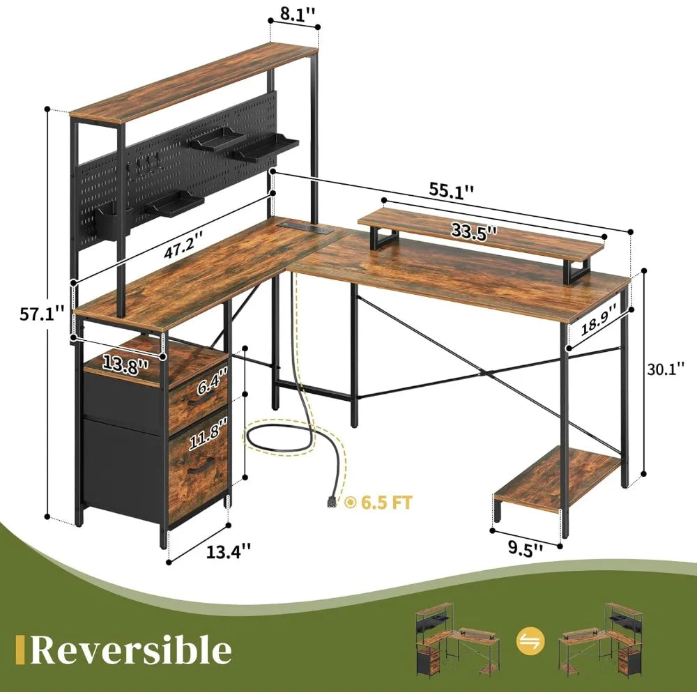 L Shaped Desk with Pegboard LED Lights and Power Outlets for Gaming