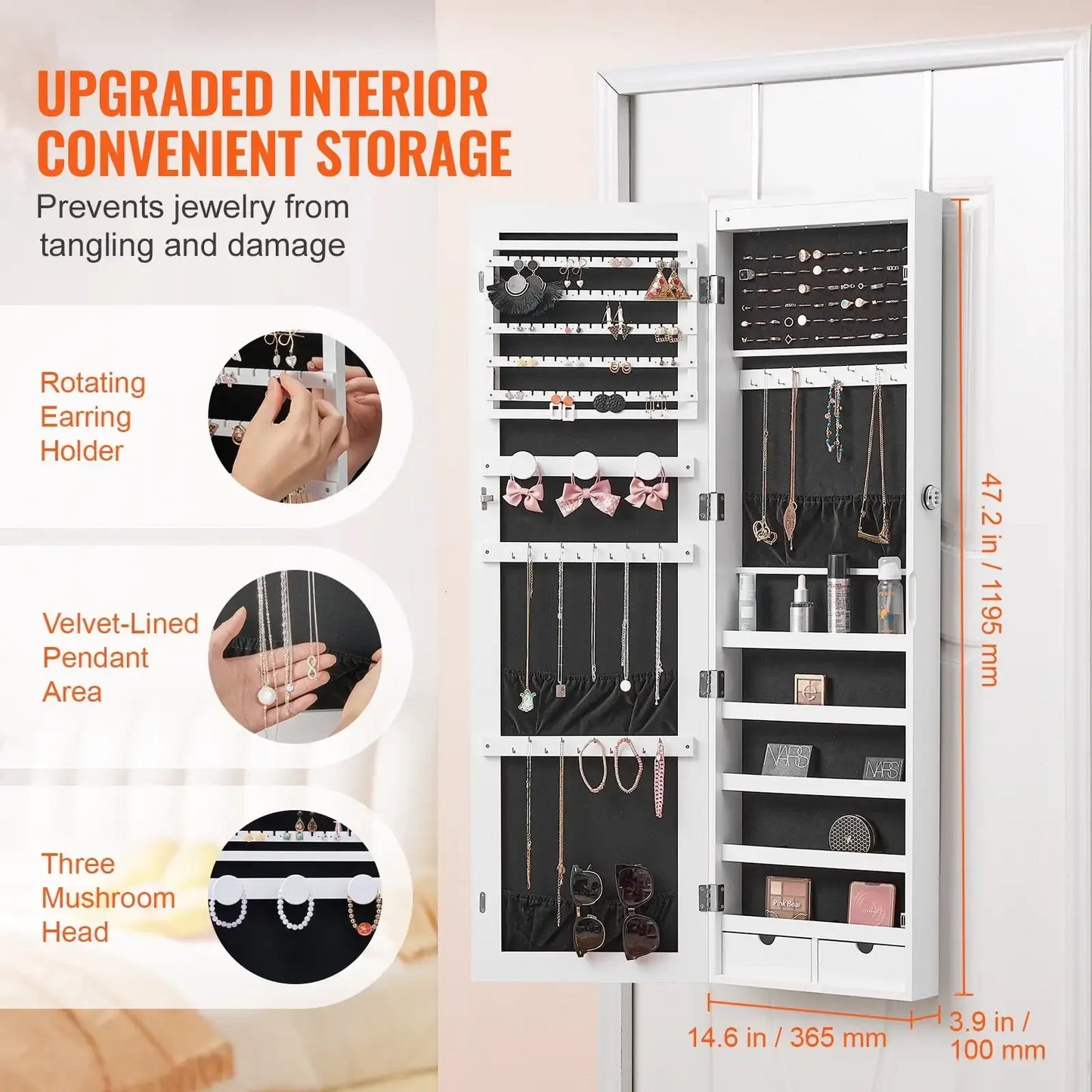 Mirror Jewelry Cabinet Lockable Wall Mounted Armoire Storage Organizer