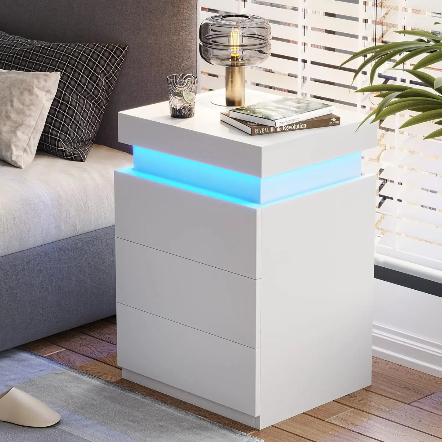 Nightstand with Charging Station LED Lights Modern Sliding Drawer