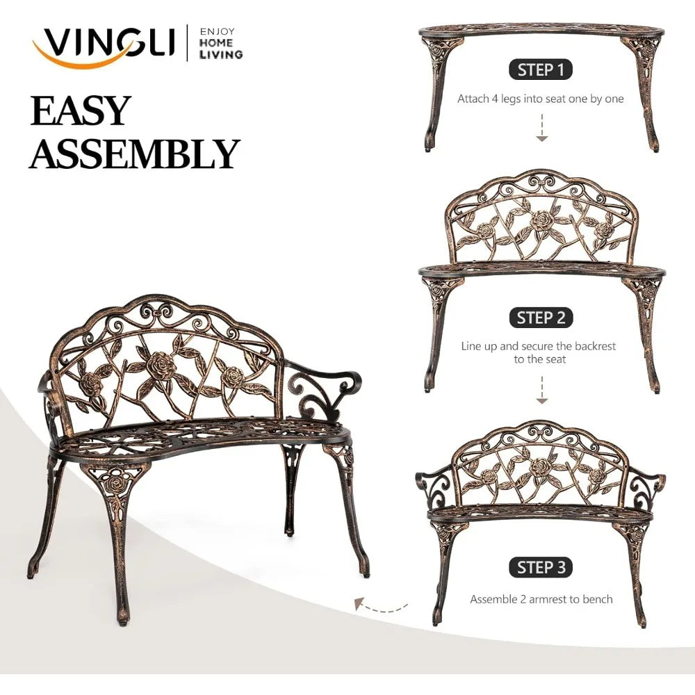 Ljustra 38.5" Outdoor Metal Rose Bench Antique Cast Iron Garden Seating