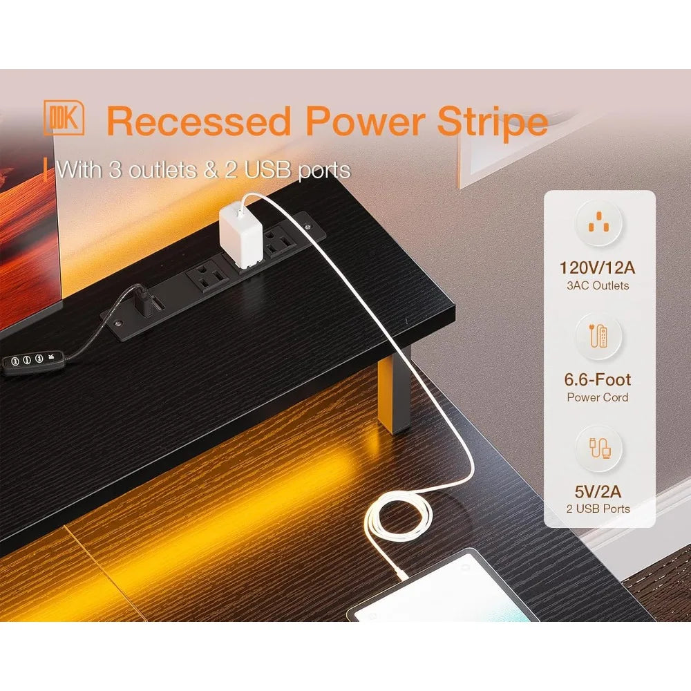 48 Inch Gaming Desk with LED Lights Power Outlets Monitor Stand Storage