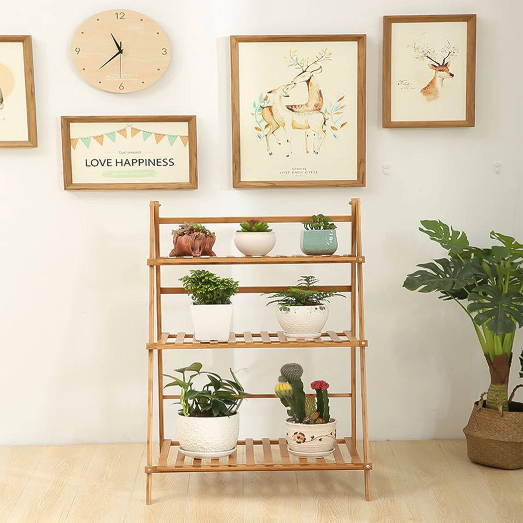 3 Tier Foldable Bamboo Plant Stand Indoor Outdoor Organizer Shelf