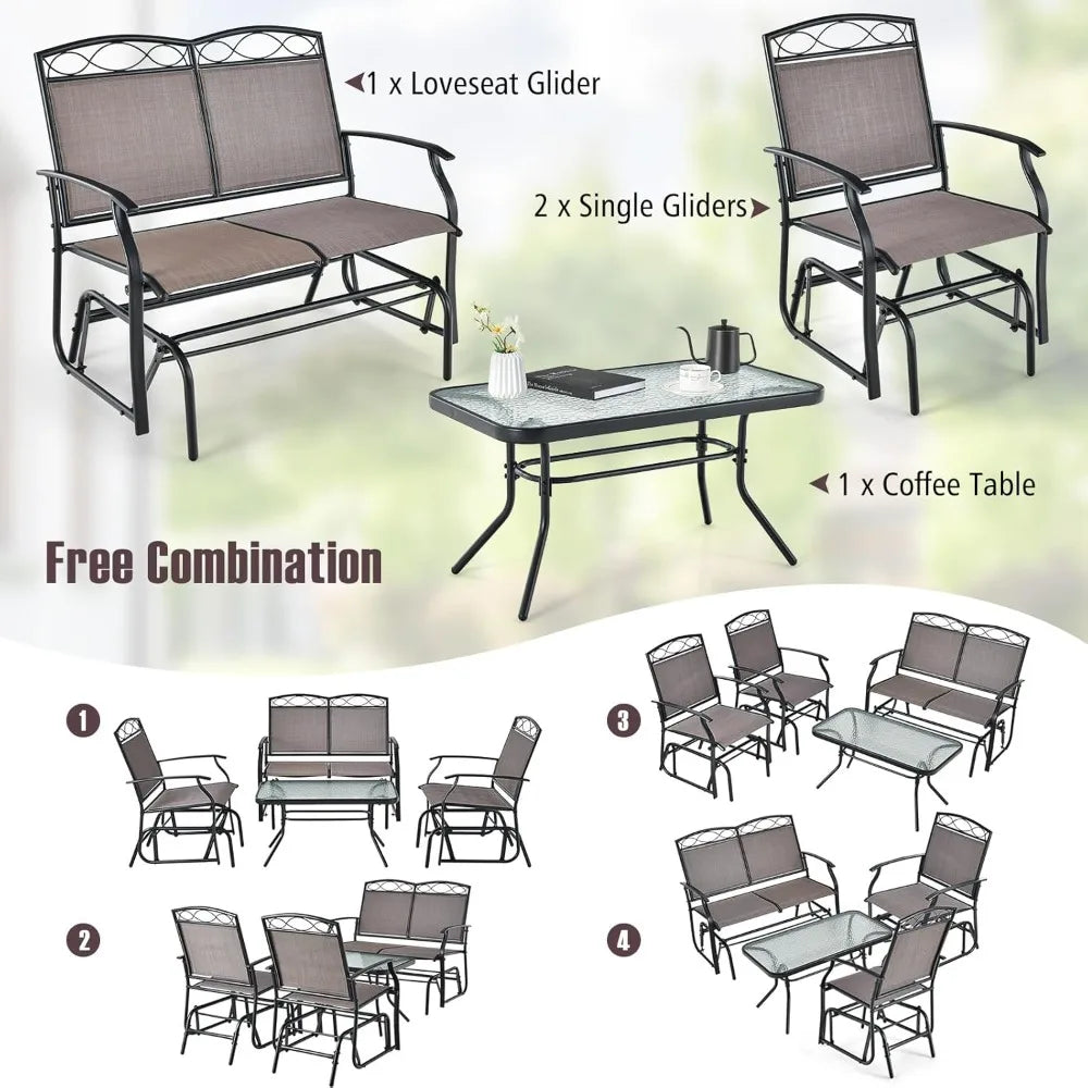 4 Piece Outdoor Glider Chair Set Patio Furniture with Glass Table