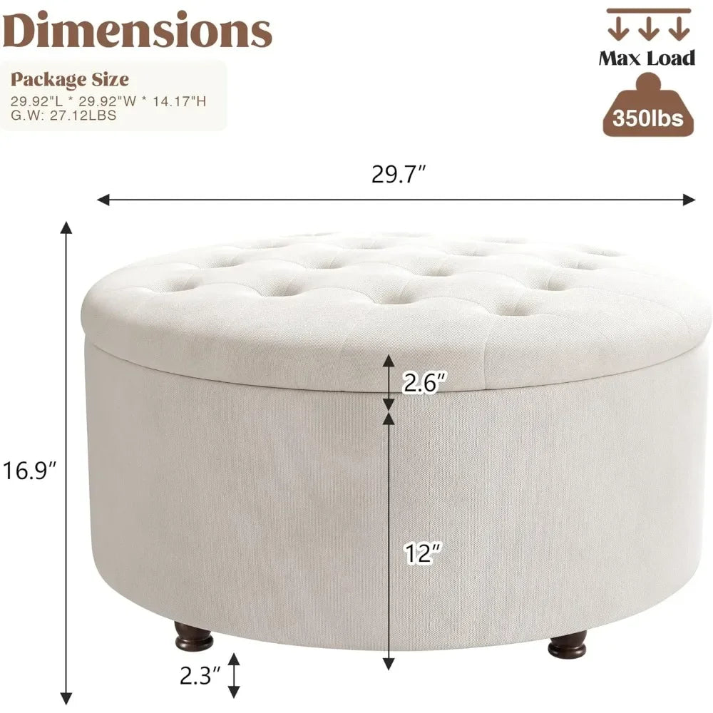 30 Inch Round Storage Ottoman Modern Tufted Coffee Table Upholstered