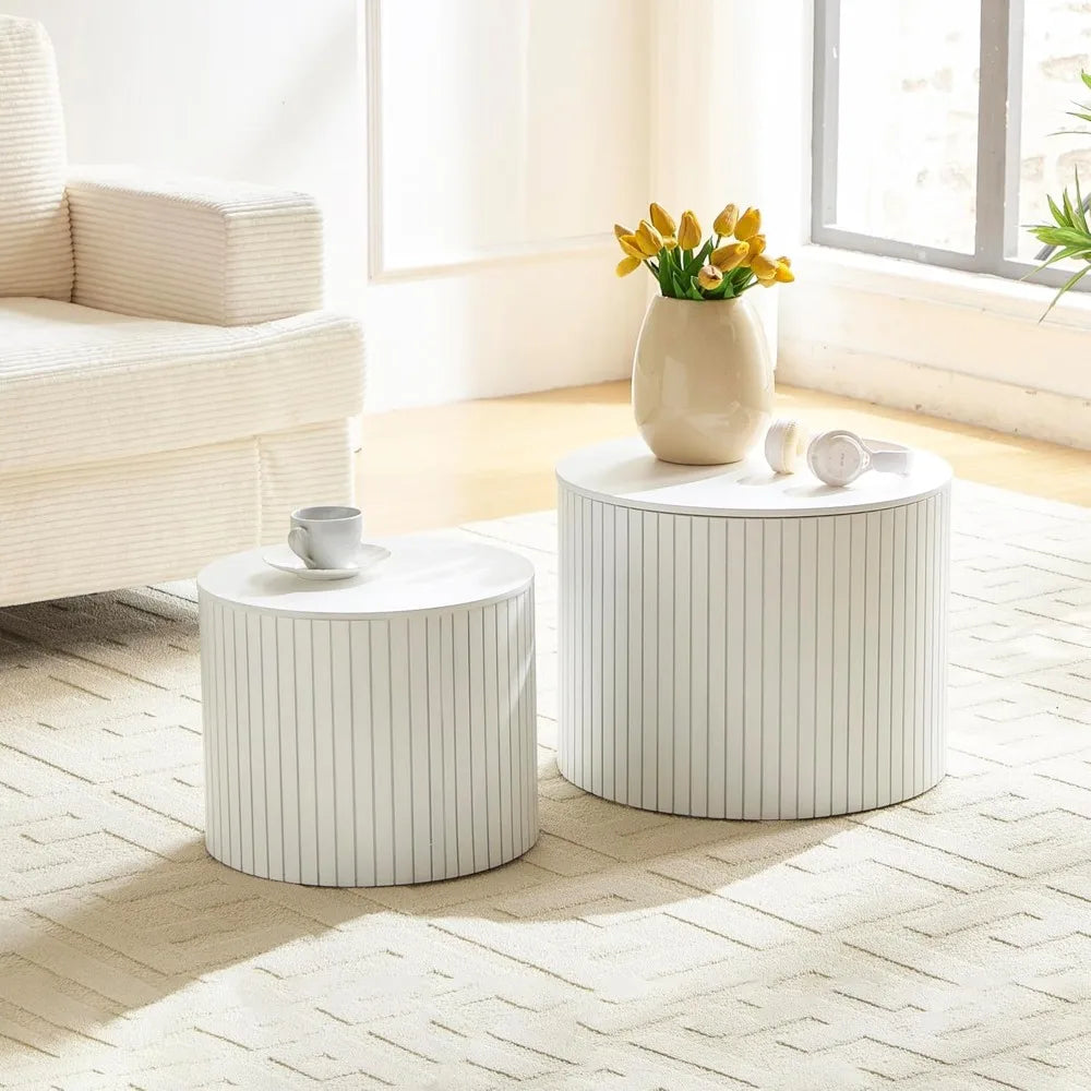 Round Nesting Storage Side Table Set of 2 Modern Wood Accent Tables