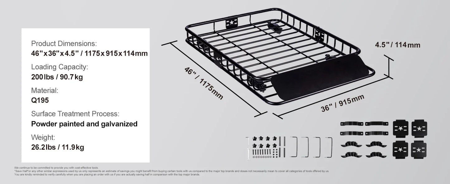 Ljustra Roof Rack Cargo Basket 46x36 Heavy-Duty 200LBS Capacity