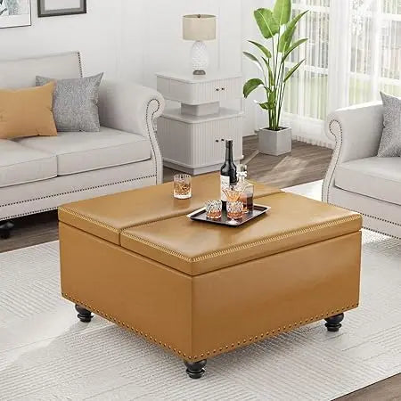 Square Storage Ottoman Faux Leather Lift Top Multi-Purpose Living Room