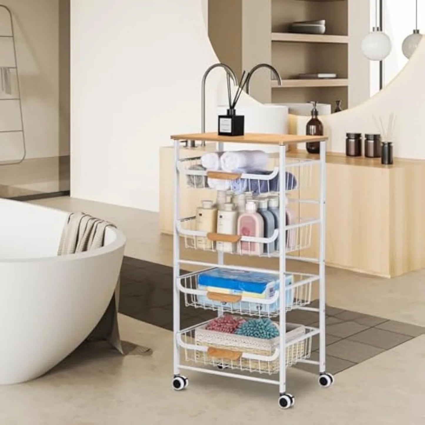 5 Tier Rolling Metal Cart with Drawers Wheels Multi Room Storage