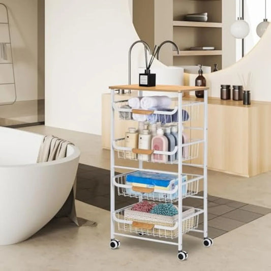 5 Tier Rolling Metal Cart with Drawers Wheels Multi Room Storage