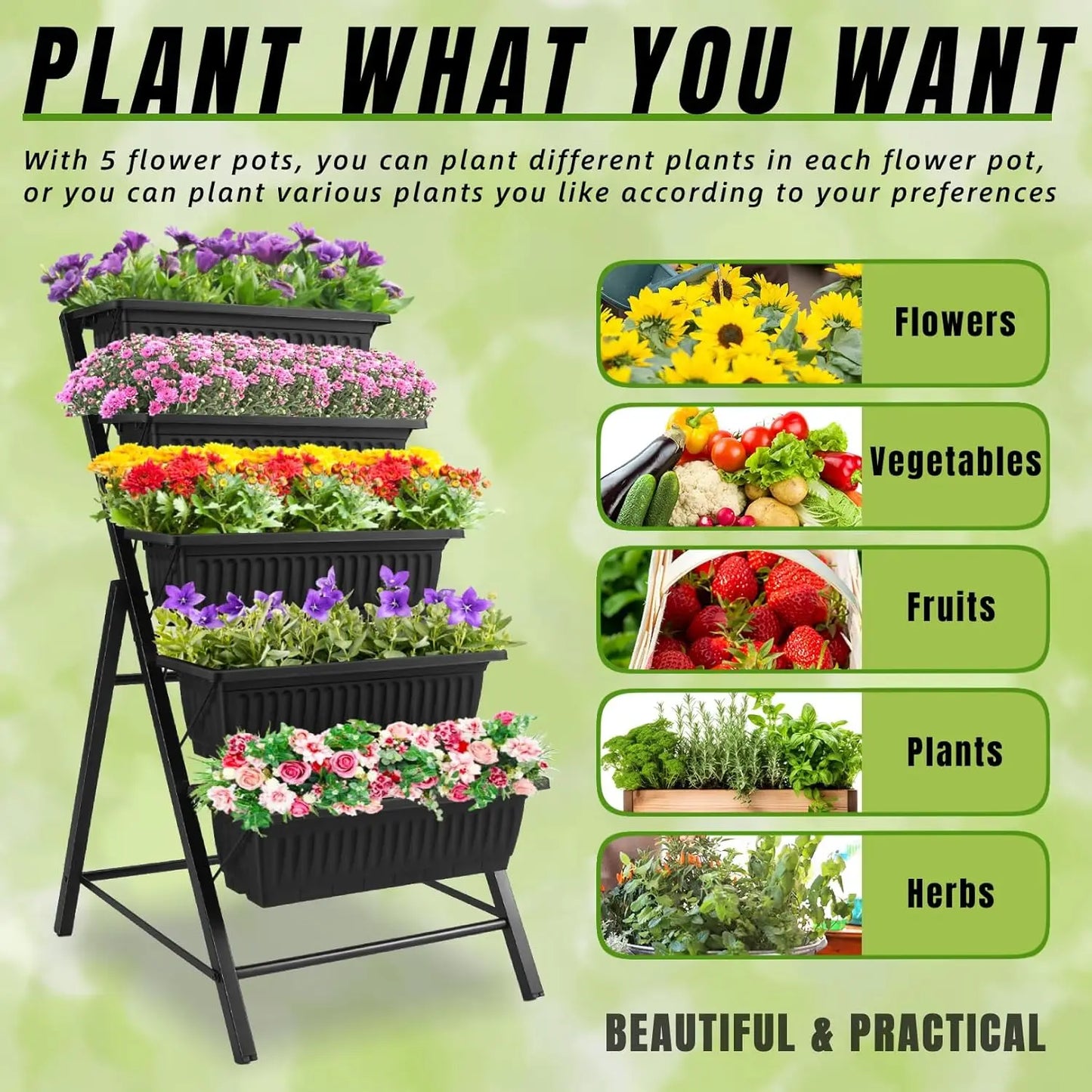 5 Tier Vertical Raised Garden Planter Outdoor Garden Bed with Hooks