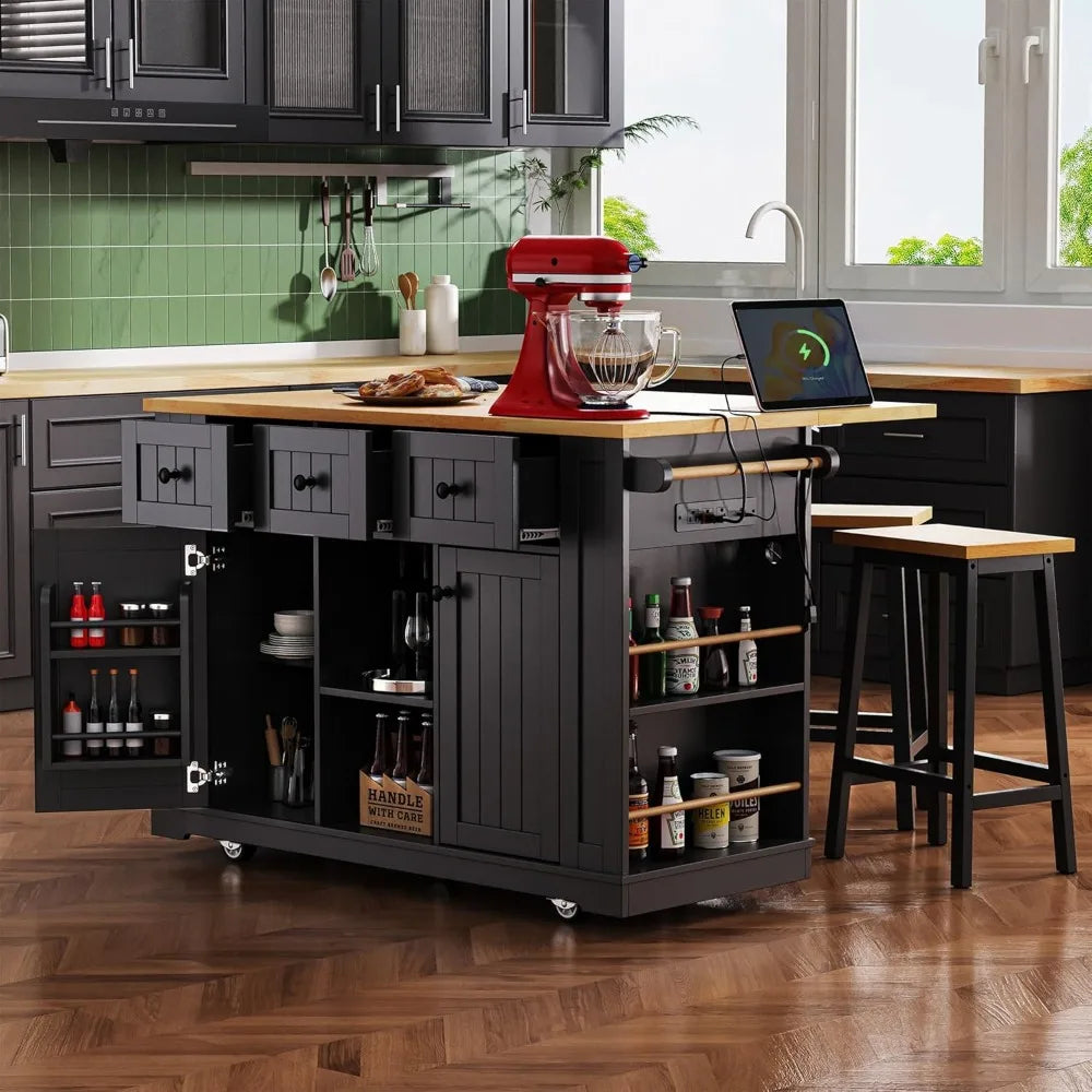 Large Kitchen Island Cart with Storage and Power Outlet on Wheels