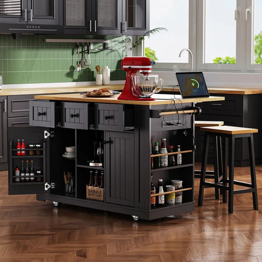 Large Kitchen Island Cart with Storage and Power Outlet on Wheels