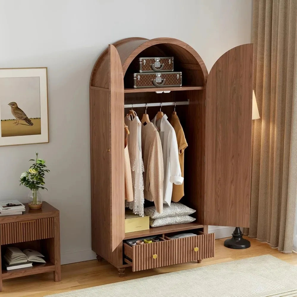 Mid-Century Arched Wooden Wardrobe Freestanding Closet Organizer