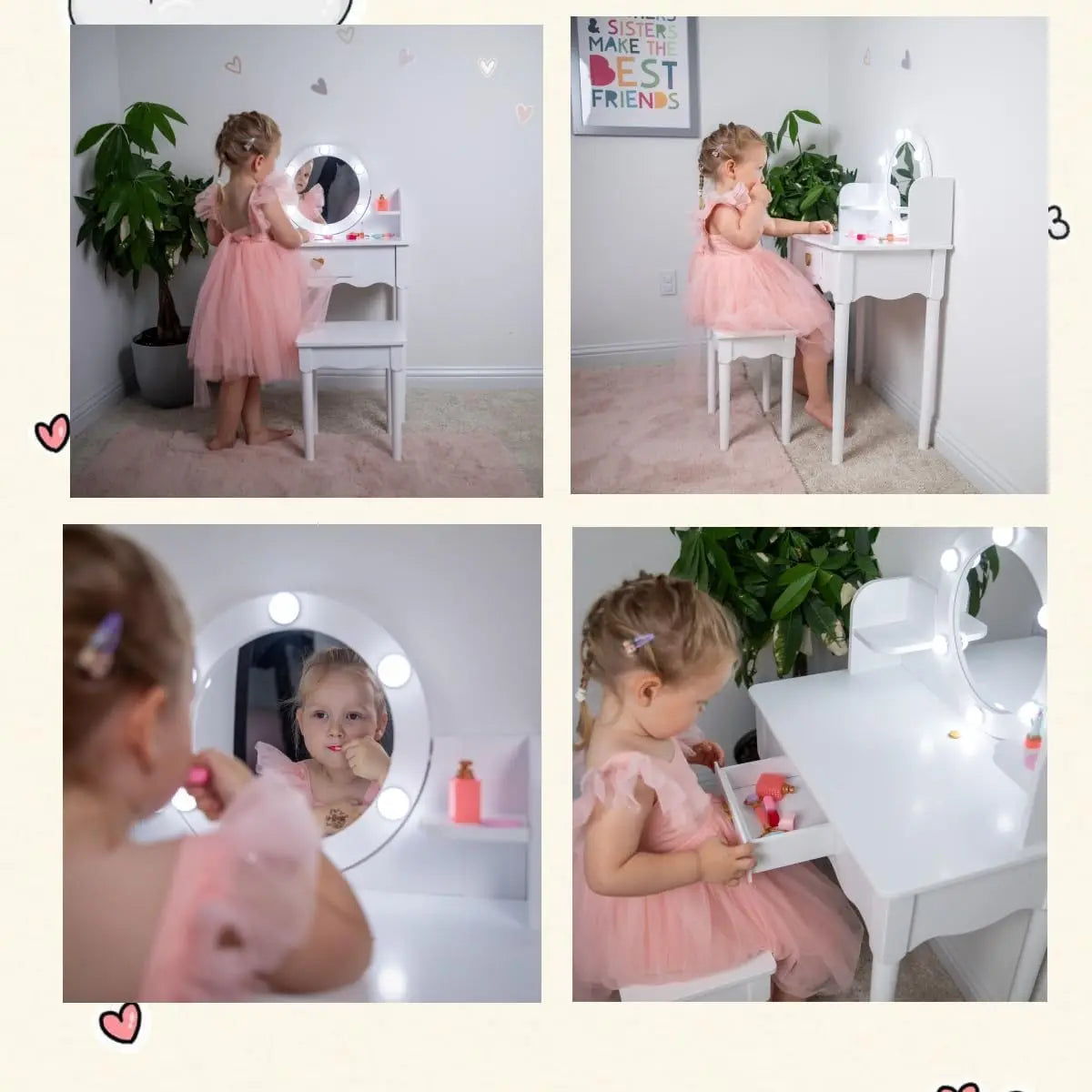 Kids Vanity Set with Mirror Stool Lights for Girls Pretend Play Furniture