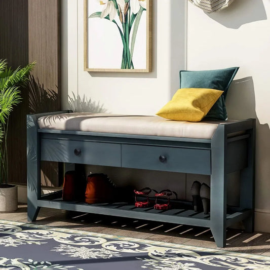 Entry Storage Bench with Cushioned Seat and 2 Drawers for Shoes