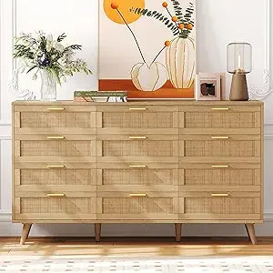 12 Drawer Double Dresser for Bedroom, Rattan Chest of Dressers, Modern Wooden Dresser Chest with Golden Handles, Beside Table f